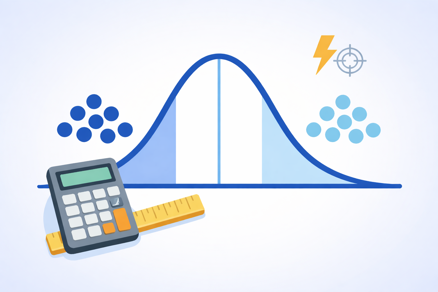 Ilustración de cálculo de tamaño de muestra con curva normal y calculadora