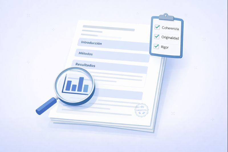 Estructura IMRyD de un artículo con lupa, gráfica y checklist de revisión