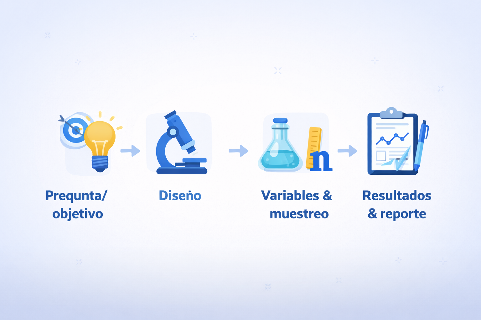 Ruta metodológica con microscopio, clipboard y flechas desde la pregunta hasta resultados